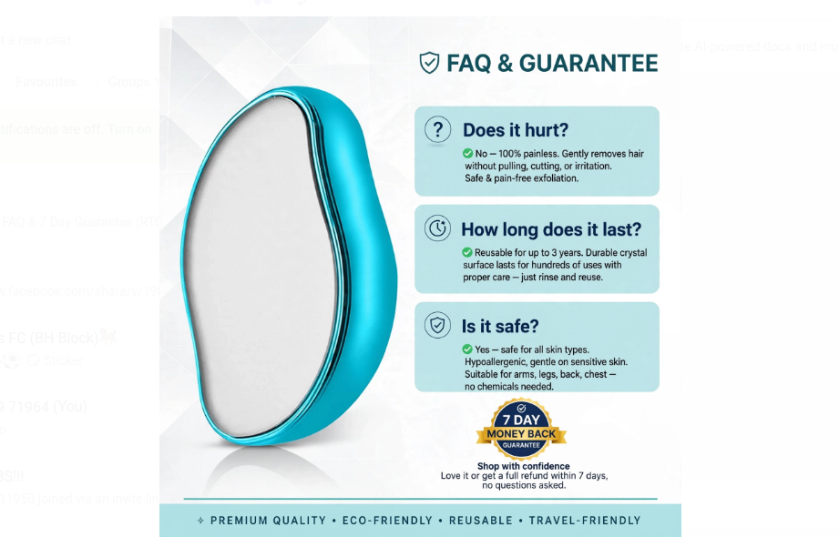 Crystal Hair Remover FAQ and Guarantee - Does It Hurt Painless How Long Does It Last 3 Years Reusable Is It Safe for All Skin Types with 7 Day Money Back Guarantee.