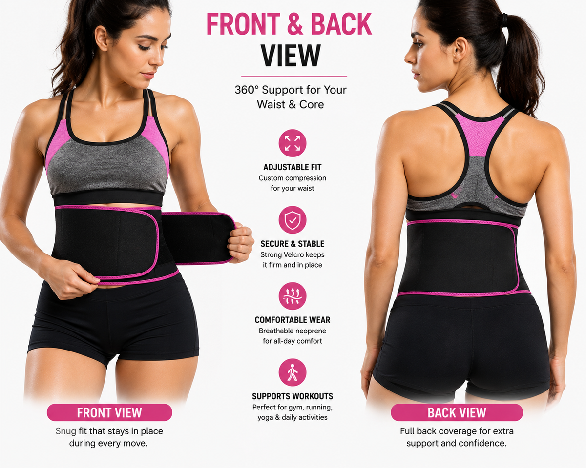 Snekra adjustable waist trimmer belt front and back view with secure Velcro fit