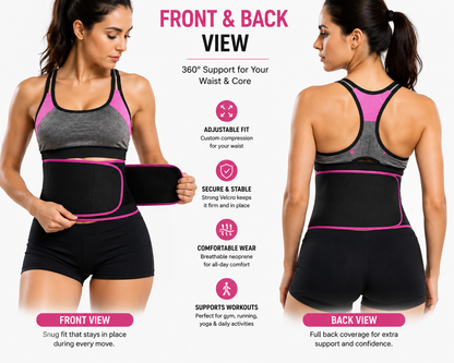Snekra adjustable waist trimmer belt front and back view with secure Velcro fit