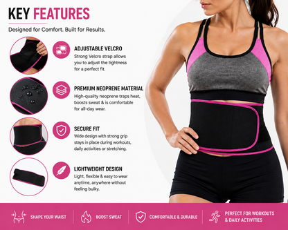 Snekra adjustable waist trimmer belt with Velcro closure, neoprene material, secure fit and lightweight design