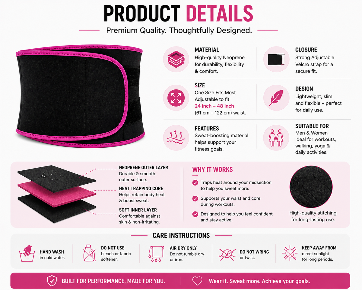 Snekra adjustable waist trimmer belt product details with neoprene material, Velcro closure and care instructions