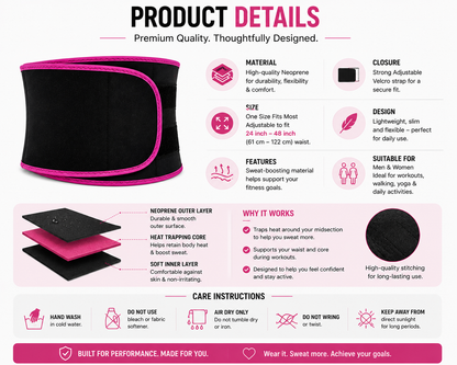 Snekra adjustable waist trimmer belt product details with neoprene material, Velcro closure and care instructions