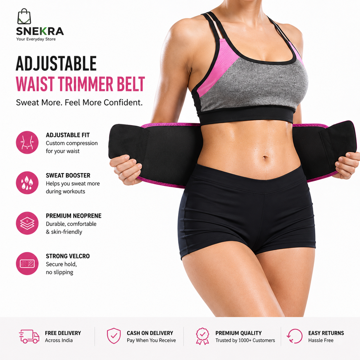 Snekra adjustable waist trimmer belt with neoprene material and secure Velcro fit for workouts