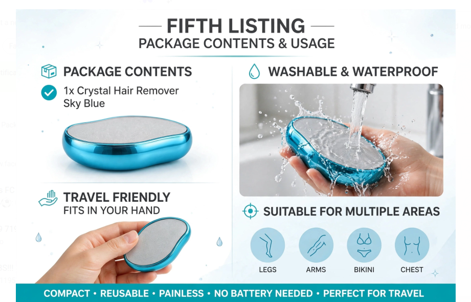 Crystal Hair Remover for Legs Arms Bikini and Chest - Washable Waterproof and Travel Friendly Reusable Hair Eraser.