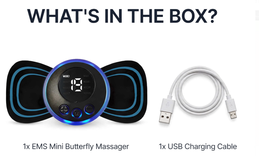 EMS mini butterfly massager with USB charging cable package content