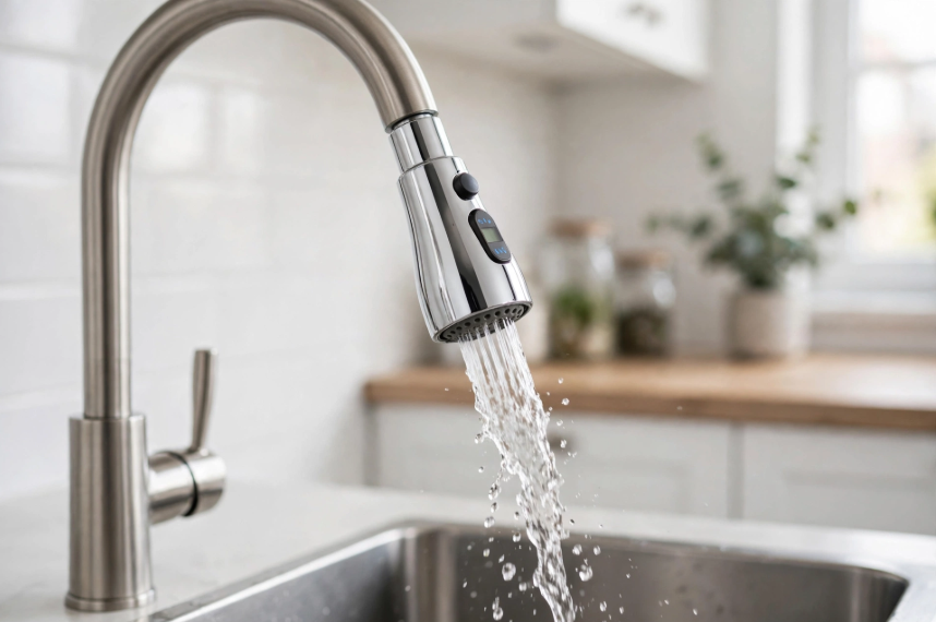 Chrome Faucet Extender in Modern Kitchen Lifestyle - Water Saving Aerator Sprayer Installed on Kitchen Sink Tap for Daily Use