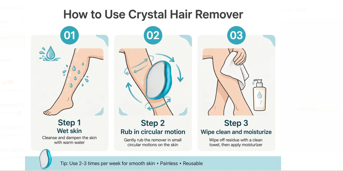 How to Use Crystal Hair Remover - 3 Easy Steps Wet Skin Rub in Circular Motion and Wipe Clean for Smooth Hair Free Skin.
