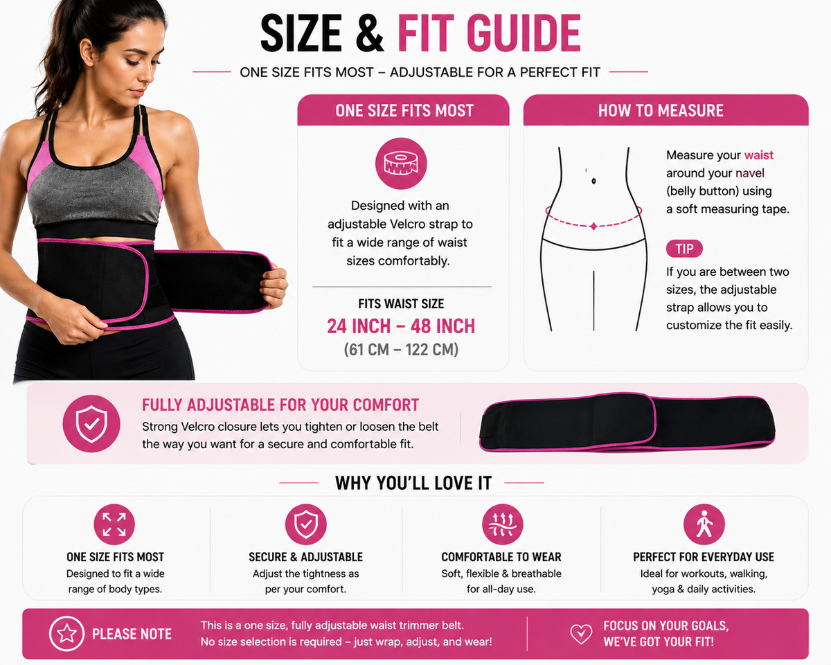 Snekra one size adjustable waist trimmer belt with secure Velcro fit and waist measurement guide