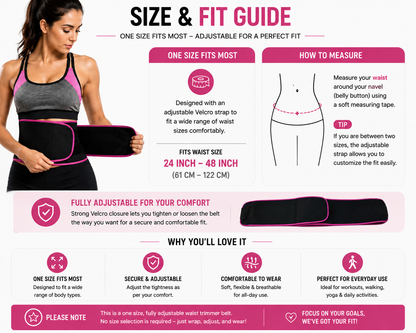 Snekra one size adjustable waist trimmer belt with secure Velcro fit and waist measurement guide