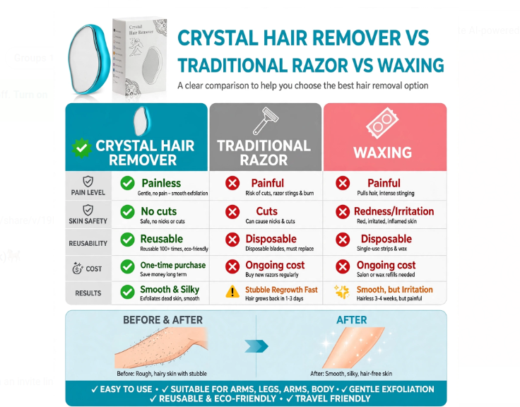 Crystal Hair Remover vs Traditional Razor vs Waxing Comparison Chart with Before and After Results - Painless No Cuts Reusable One Time Purchase.