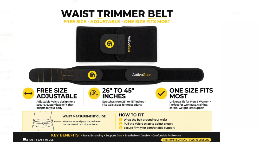 Free size adjustable waist trimmer belt fits 26 to 45 inches - one size fits most for men and women velcro design
